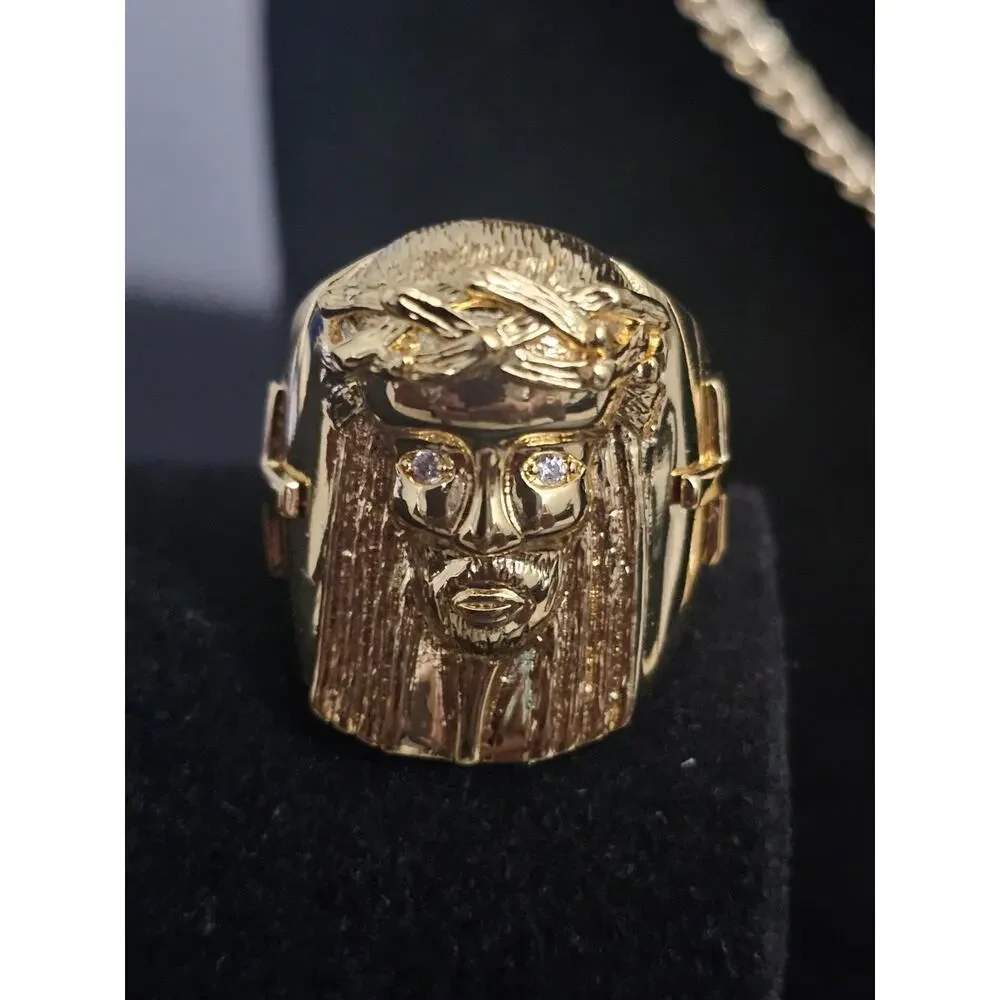Combo24in 14k Gold-Plated brass-4mm Cuban chain wCZs Jesus facePendant and7 ring